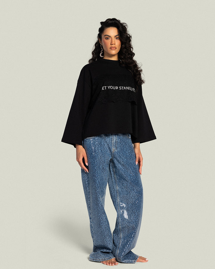 The Cropped Dentelle T-shirt - Noir