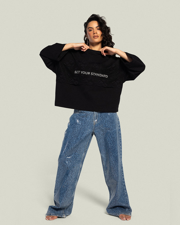 The Cropped Dentelle T-shirt - Noir