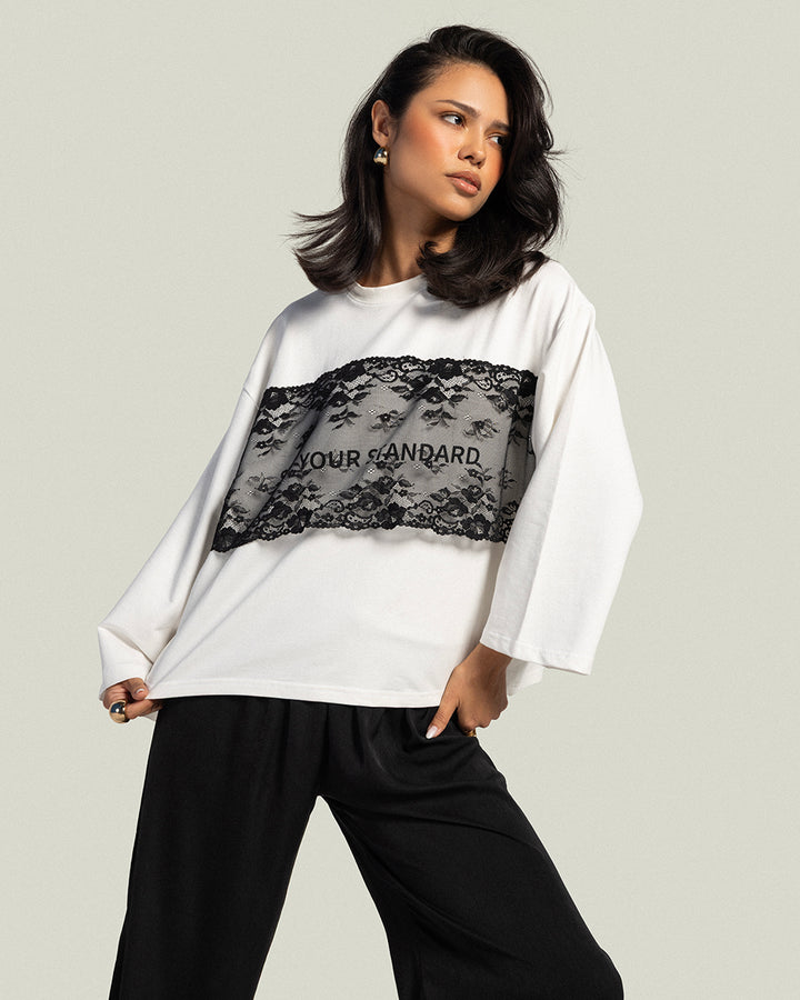 The Cropped Dentelle T-shirt - Pearl