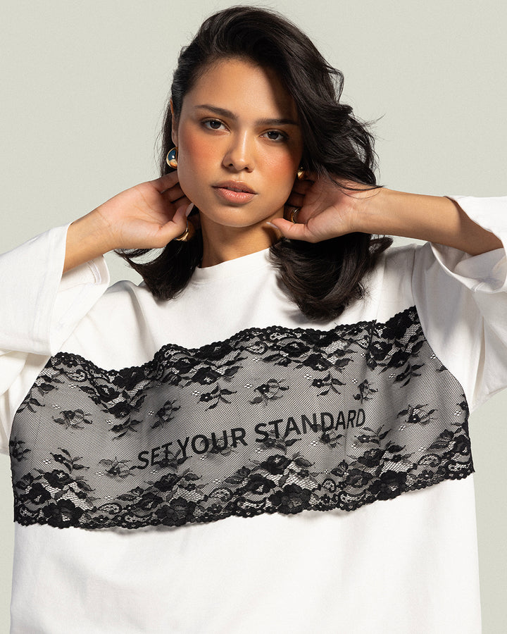 The Cropped Dentelle T-shirt - Pearl