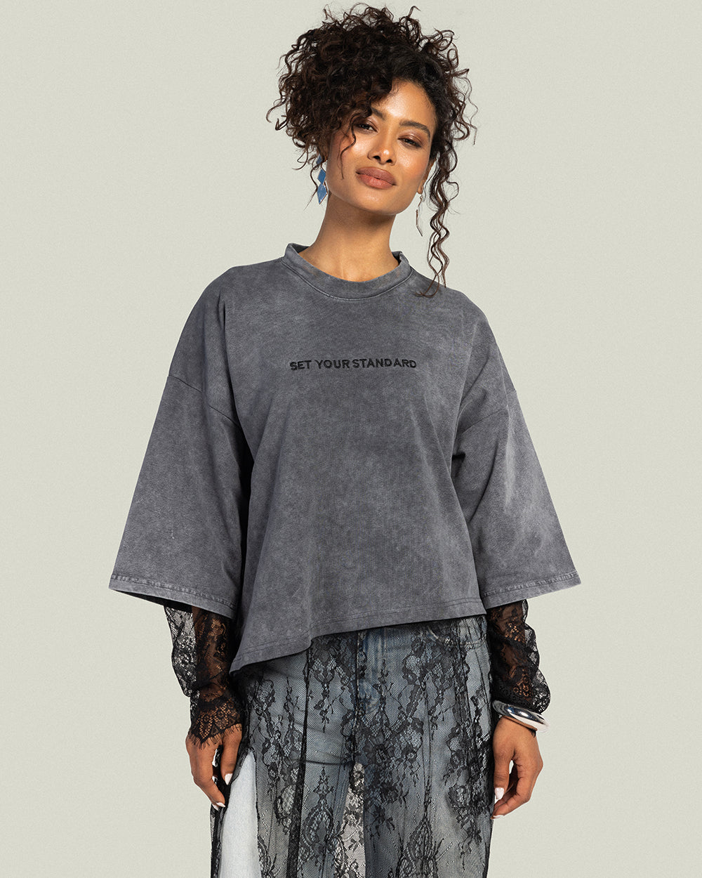 Asymmetrical Dentelle T-shirt - Grey Washed