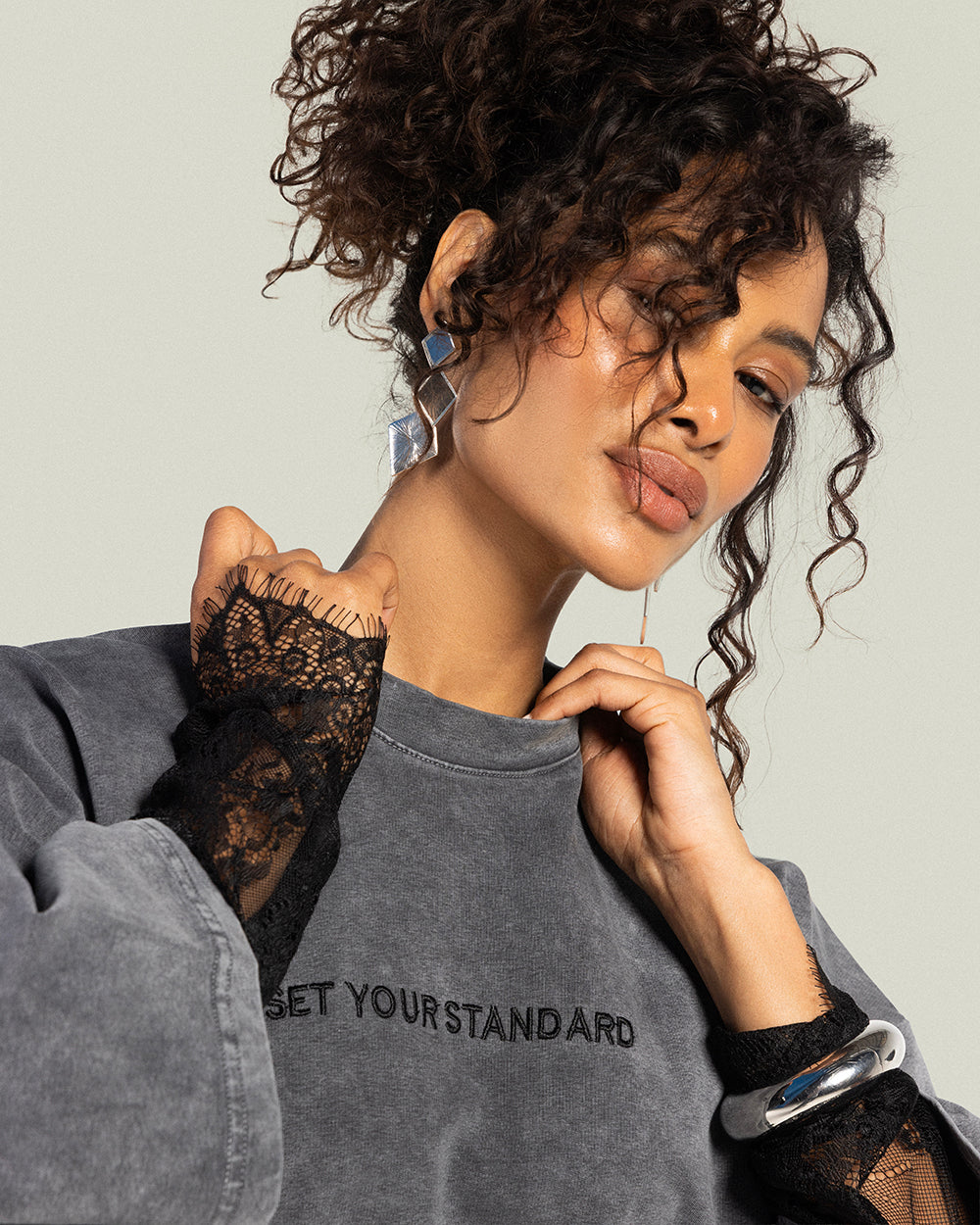 Asymmetrical Dentelle T-shirt - Grey Washed