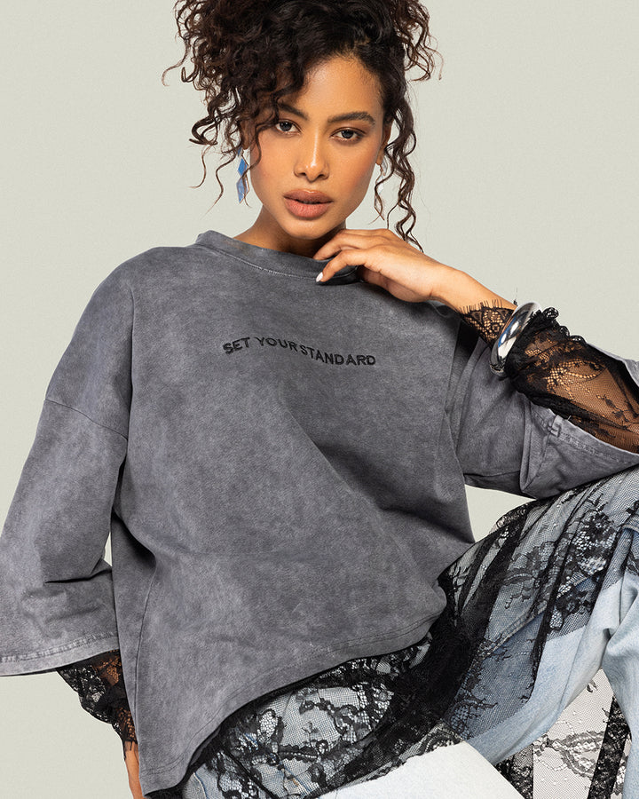 Asymmetrical Dentelle T-shirt - Grey Washed