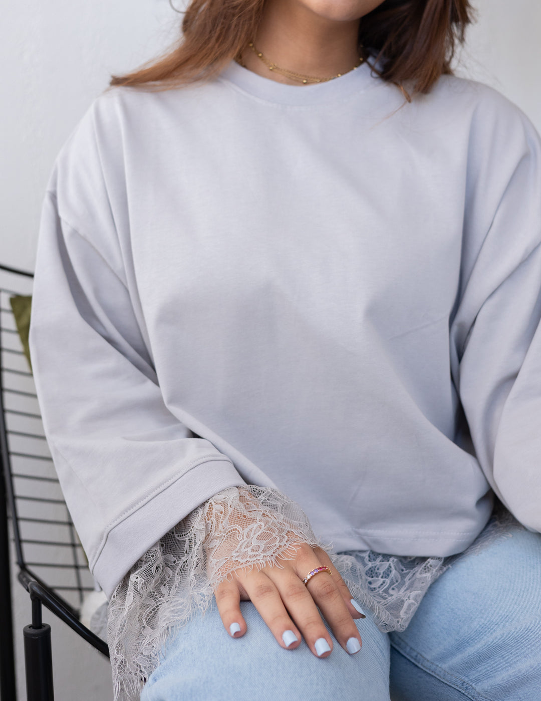 Silver Grey Cropped Dentelle T-shirt