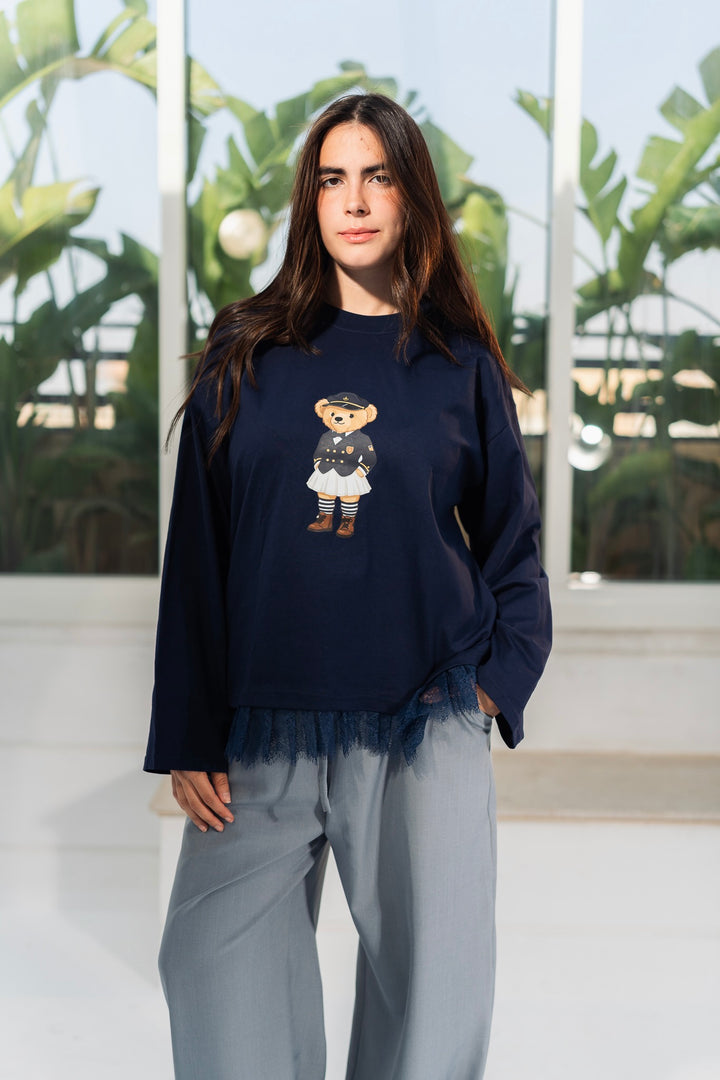 The Lace Print Tee - Navy Blue