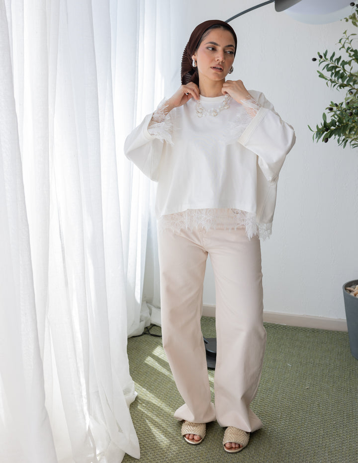 Cross Waist Cream Jeans