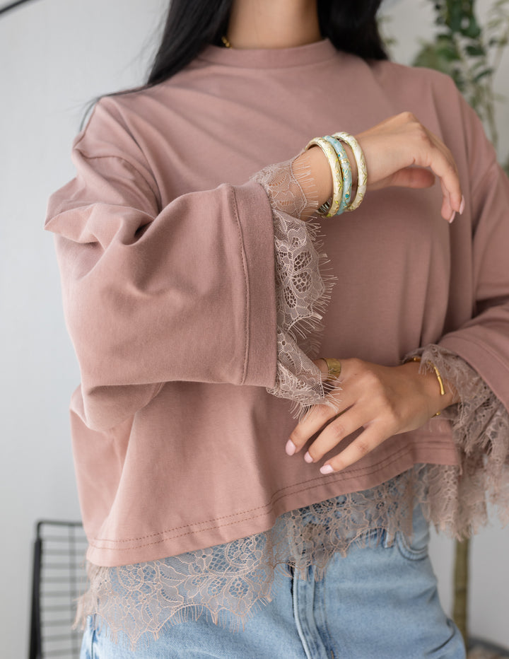 Peach Brown Cropped Dentelle T-shirt
