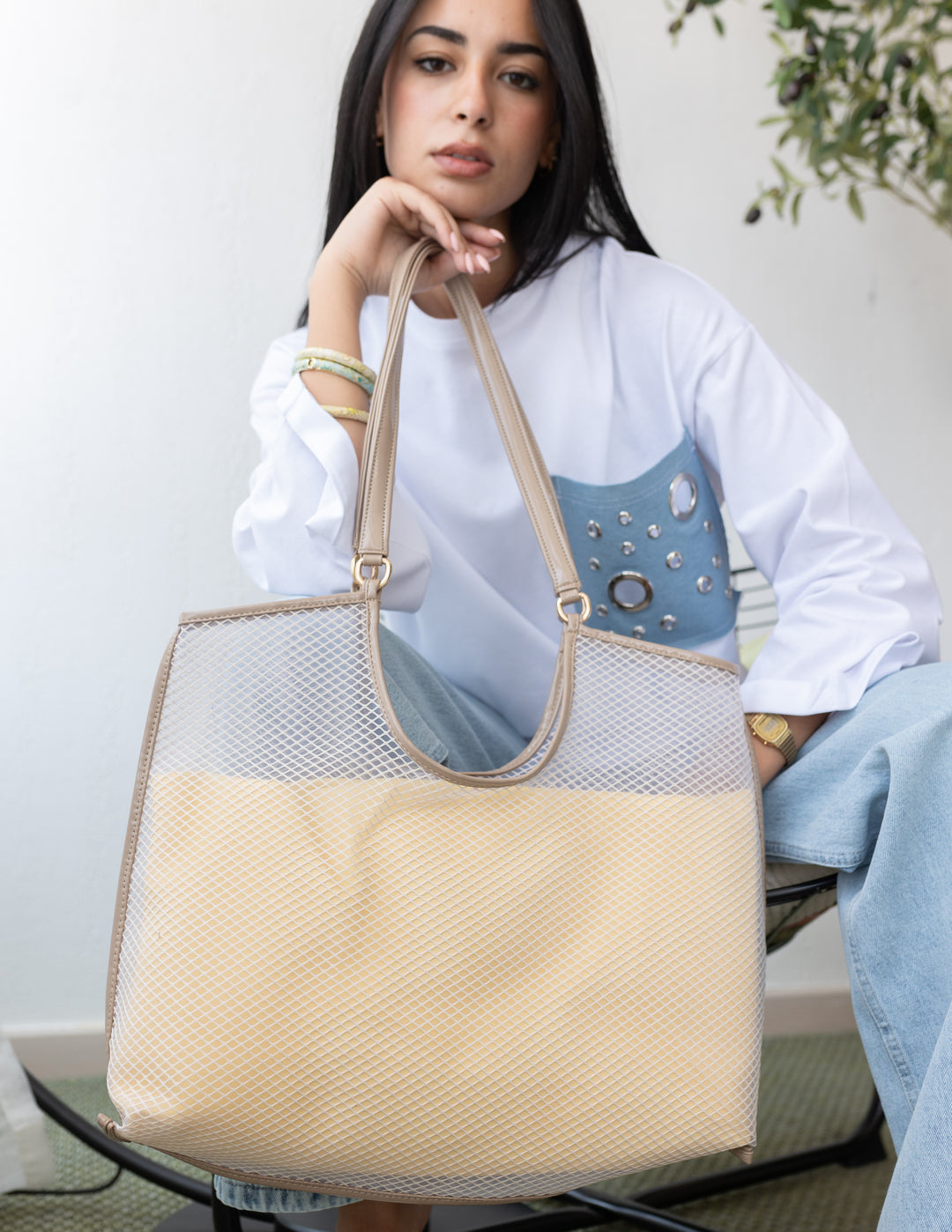 Mesh Tote Bag In Nude