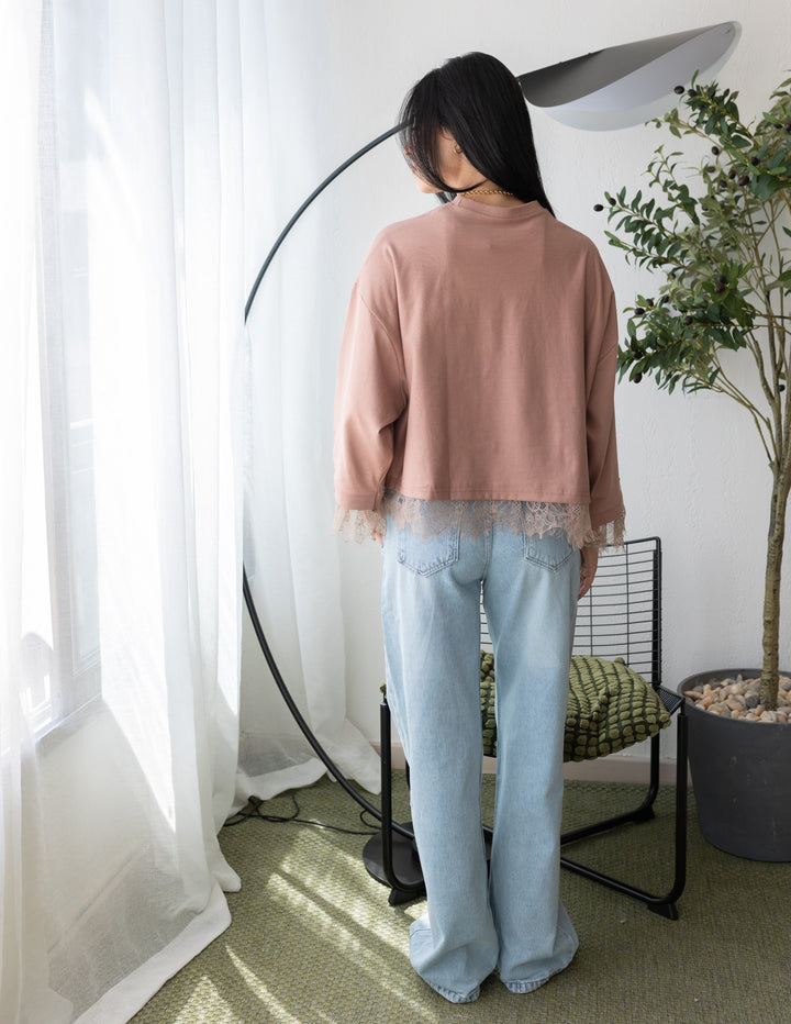 Peach Brown Cropped Dentelle T-shirt