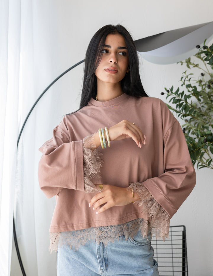 Peach Brown Cropped Dentelle T-shirt