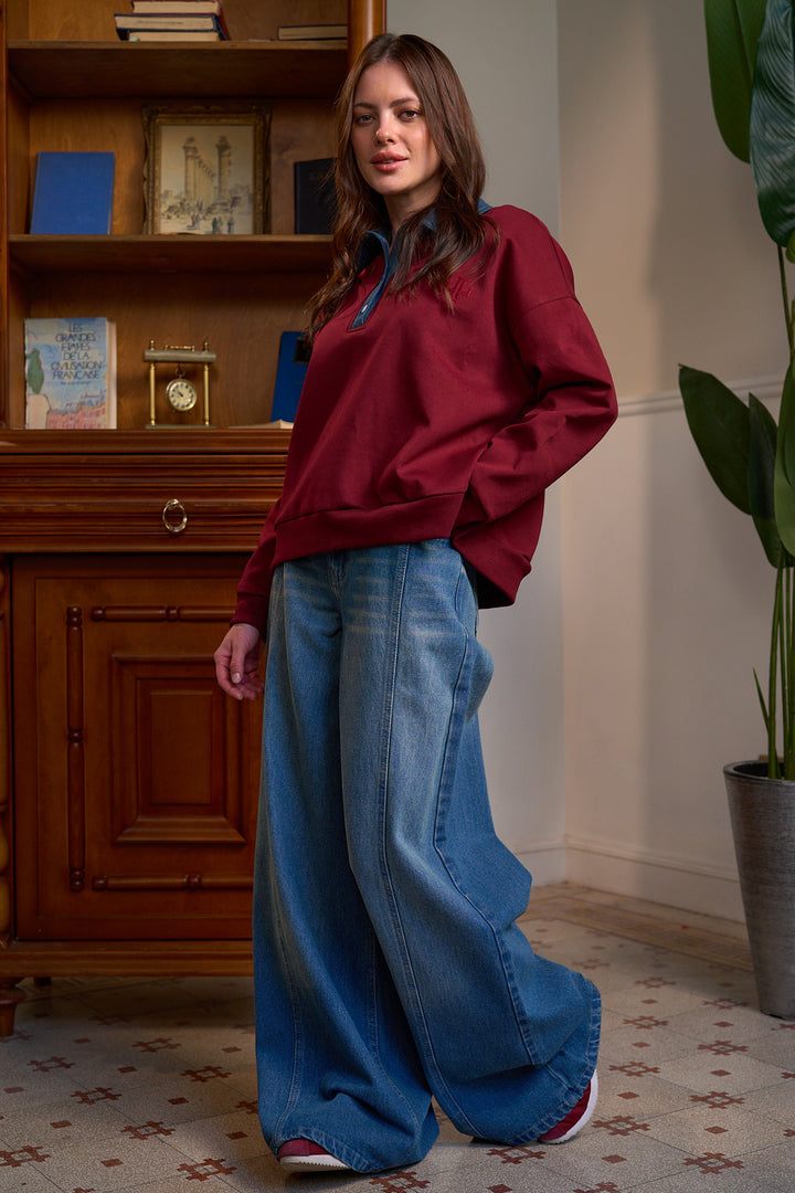 The Denim Polo Sweatshirt - Cranberry