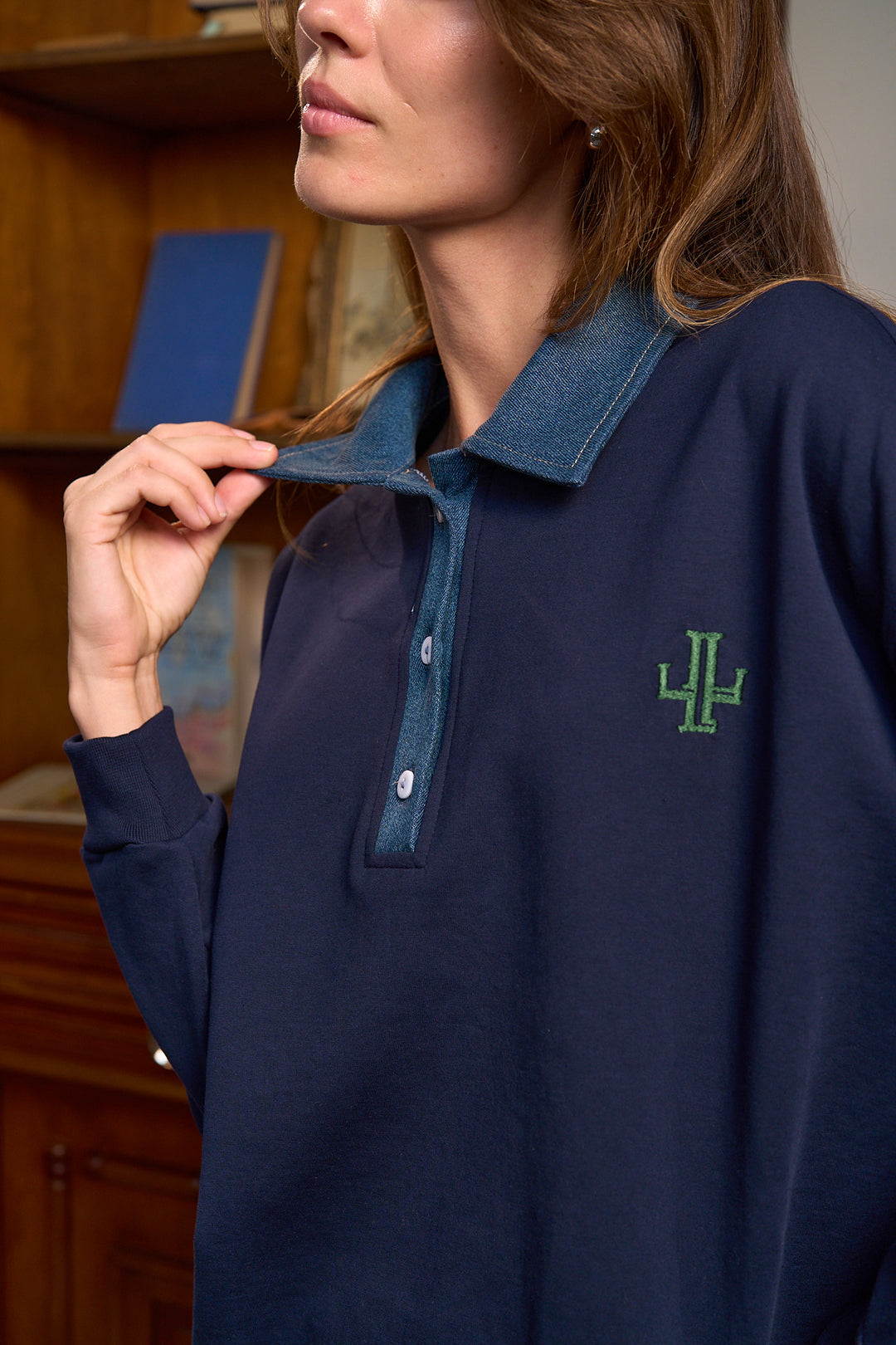 The Denim Polo Sweatshirt - Marine