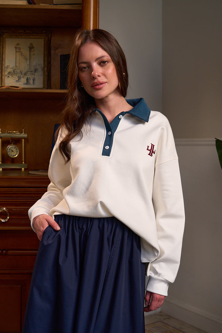 The Denim Polo Sweatshirt - Coconut