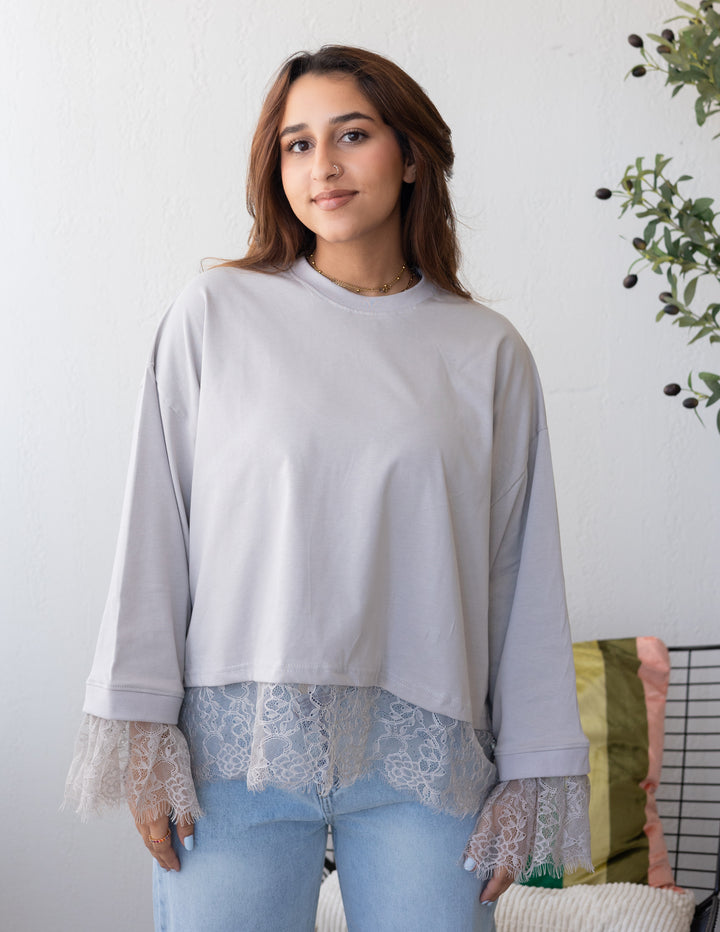 Silver Grey Cropped Dentelle T-shirt