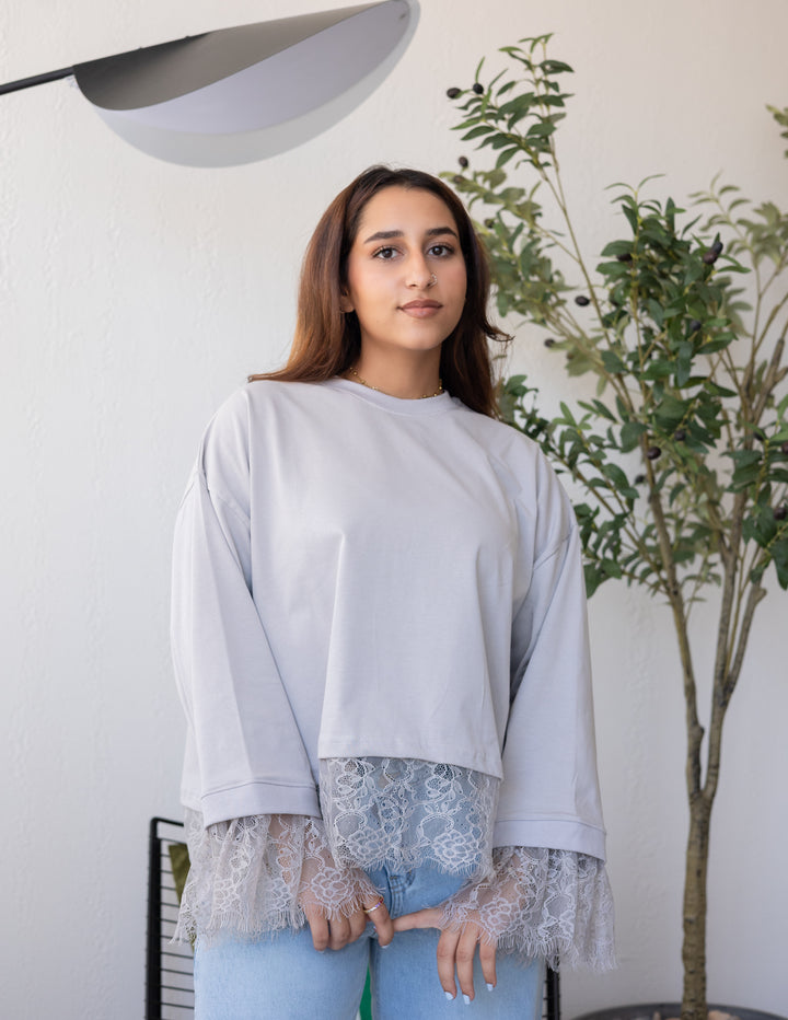 Silver Grey Cropped Dentelle T-shirt