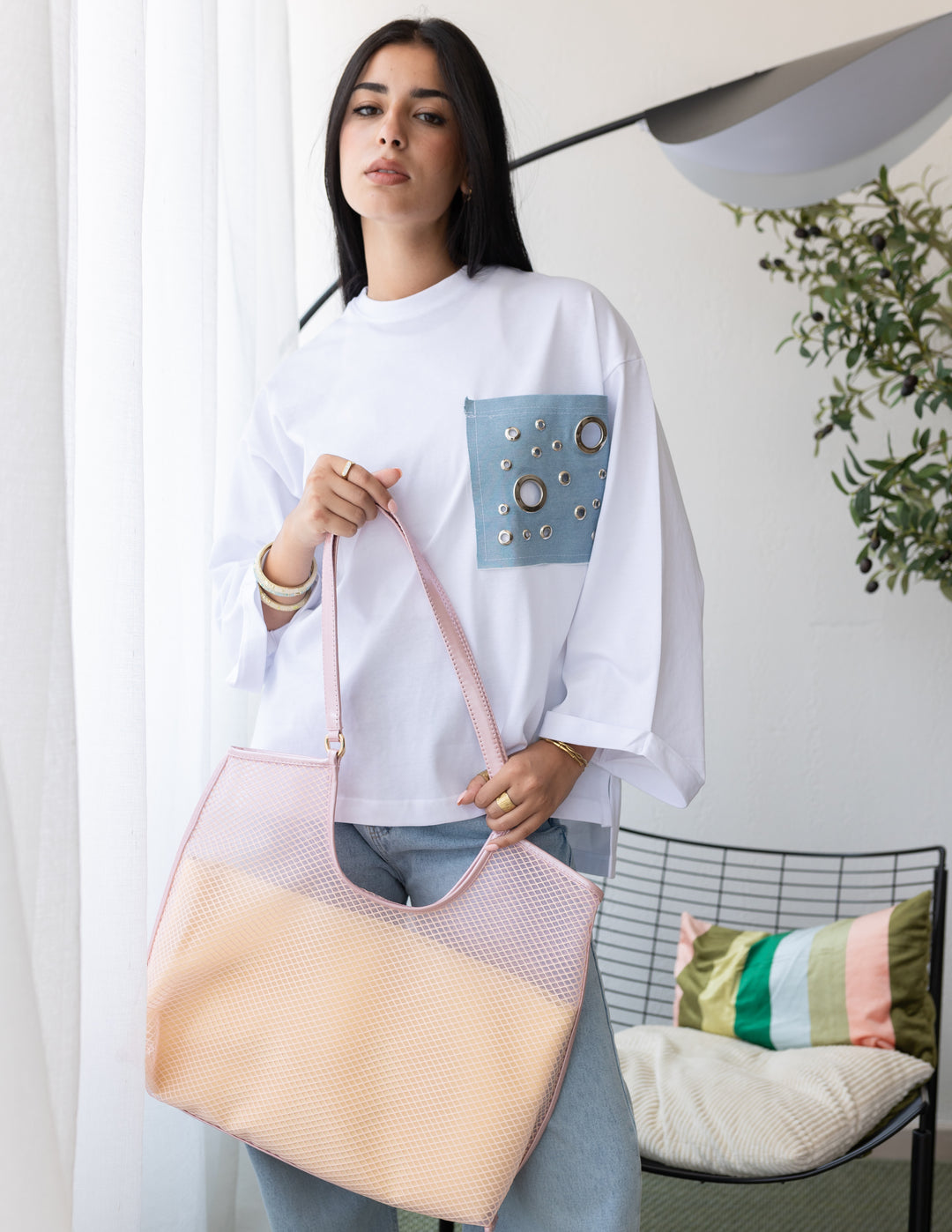 Mesh Tote Bag In Powder Pink