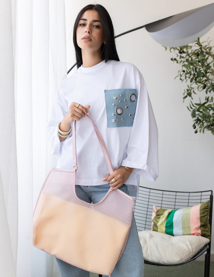 Mesh Tote Bag In Powder Pink