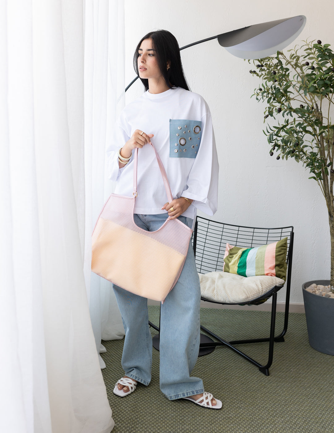 Mesh Tote Bag In Powder Pink