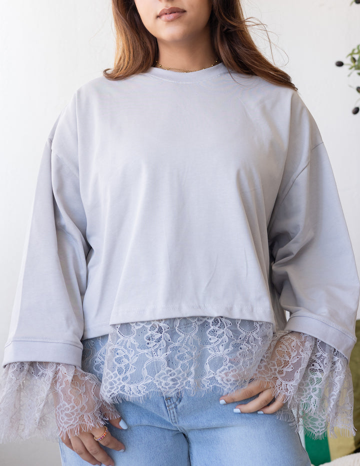 Silver Grey Cropped Dentelle T-shirt