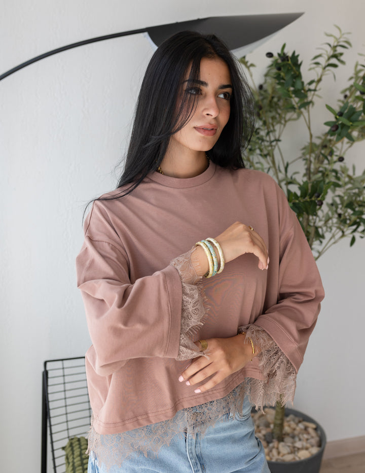 Peach Brown Cropped Dentelle T-shirt