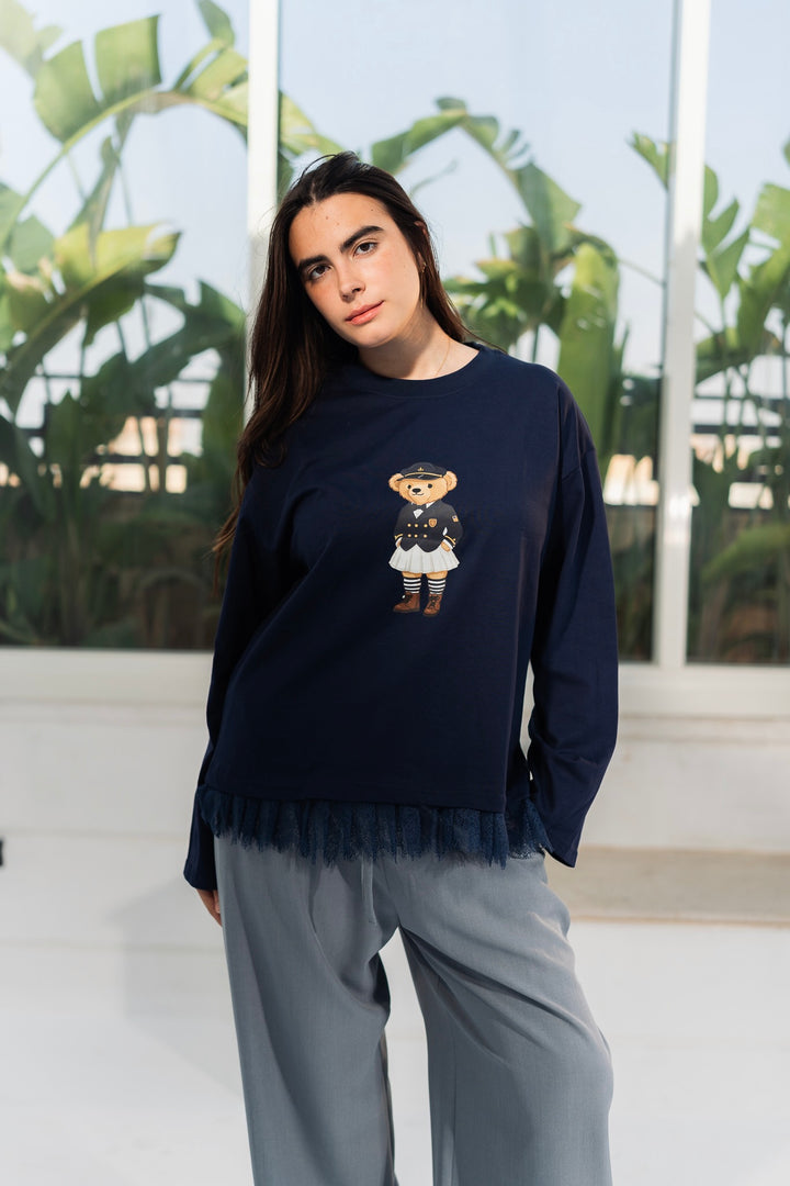 The Lace Print Tee - Navy Blue