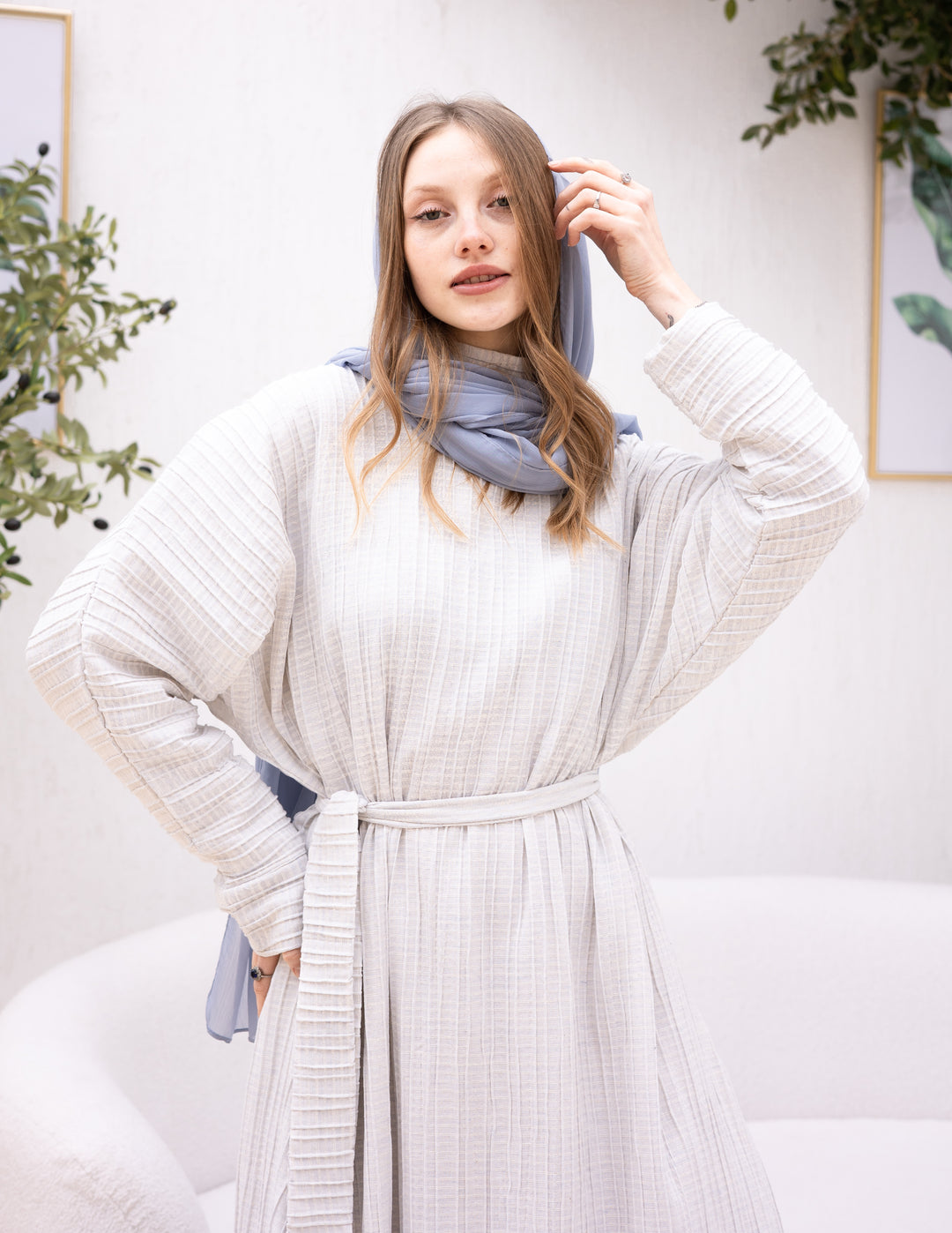 Linen Bow-Dress OffwhitexBabyblue
