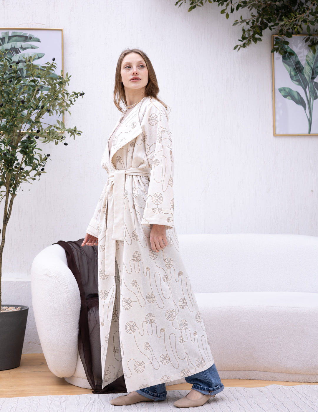 Linen Open Cardigan Circle Embroidery