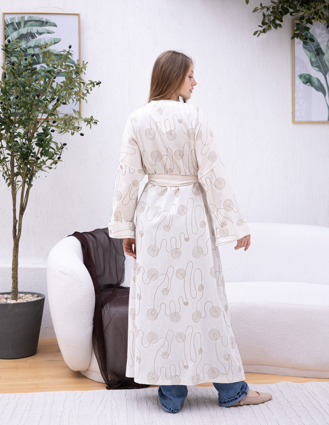 Linen Open Cardigan Circle Embroidery