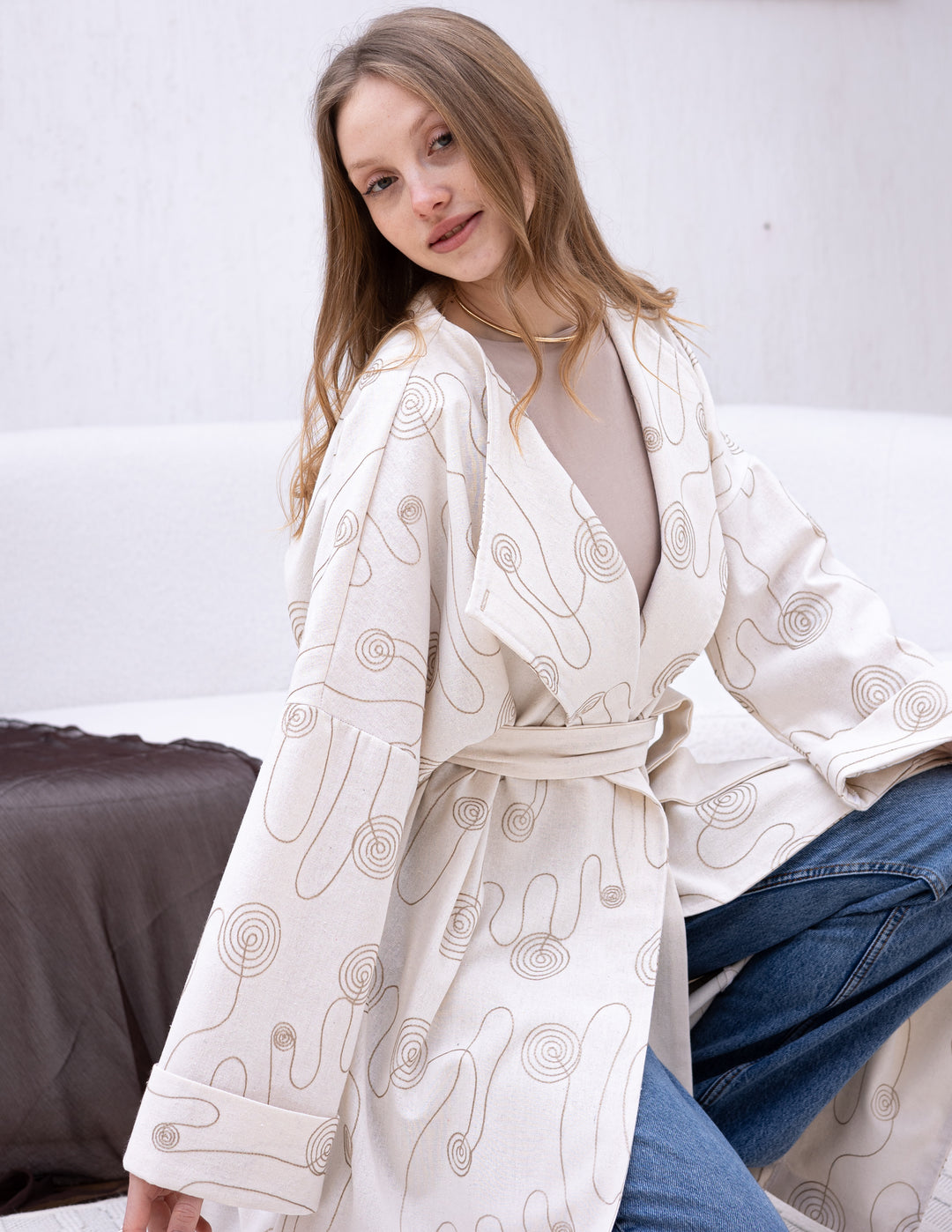 Linen Open Cardigan Circle Embroidery
