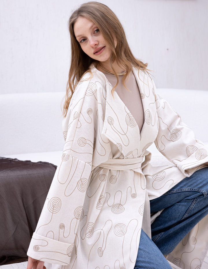 Linen Open Cardigan Circle Embroidery