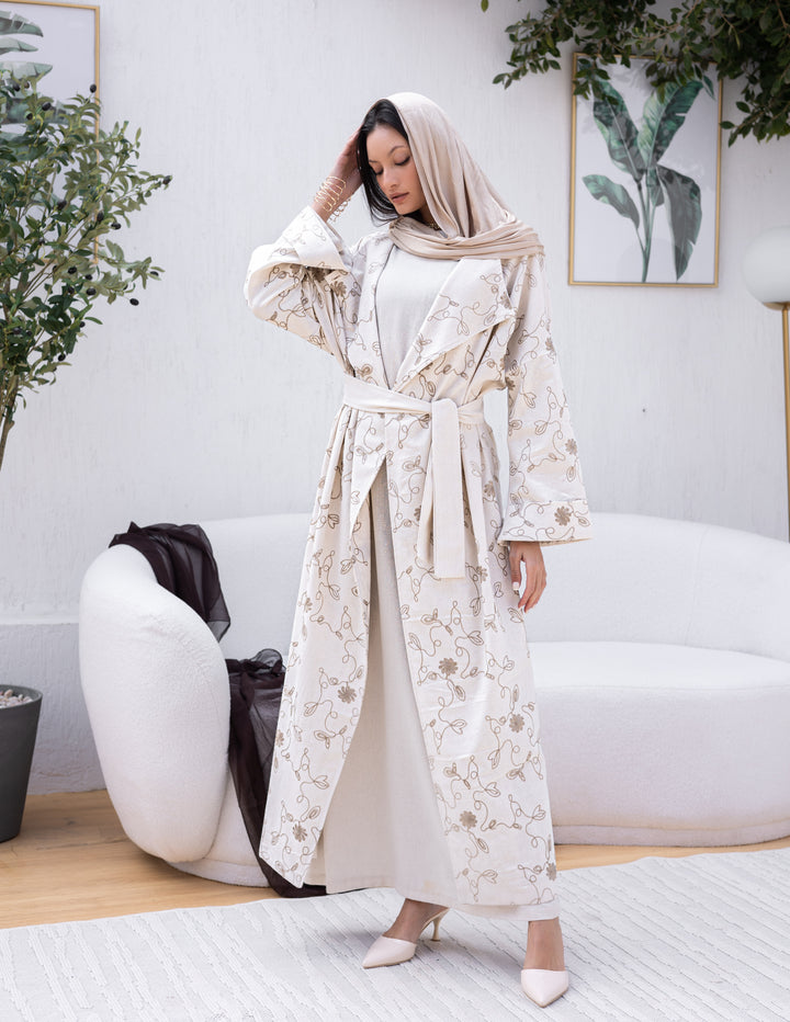 Linen Open Cardigan Flowers Embroidery