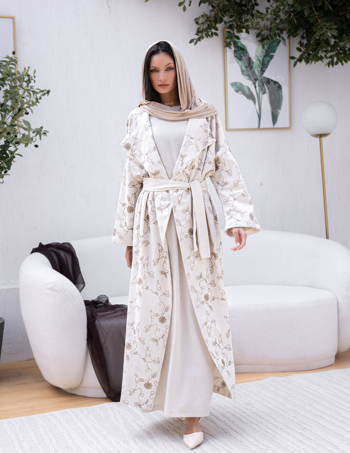 Linen Open Cardigan Flowers Embroidery