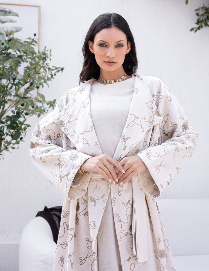 Linen Open Cardigan Flowers Embroidery