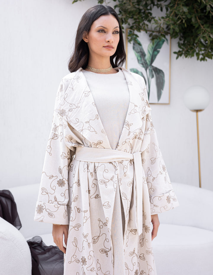 Linen Open Cardigan Flowers Embroidery