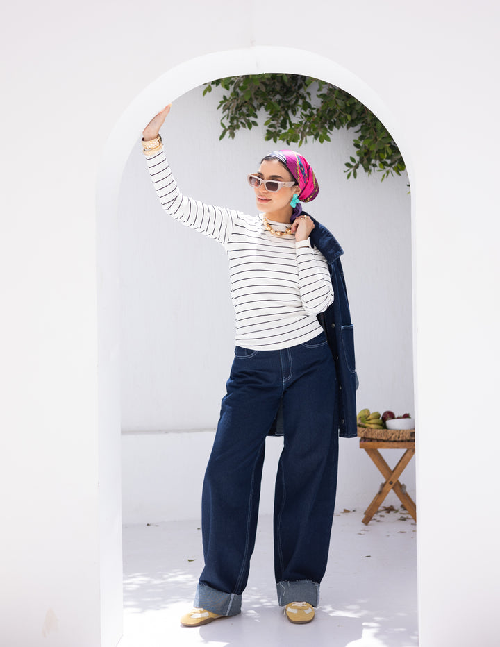 Full Sleeved Cotton WhiteXBlack Top